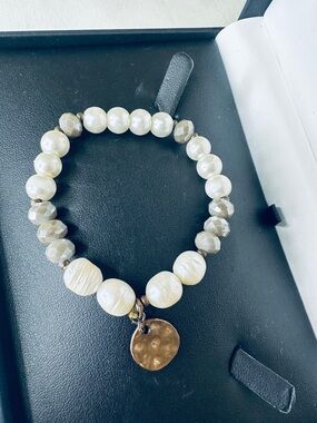 Pearl and Faceted Bead Stretch Bracelet with Bronze Charm - Cream